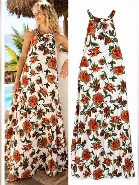 Matrushka Construction Floral Halter Maxi SUMMER Dress A-Line Swing Handmade L